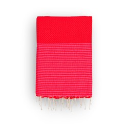COOL-FOUTA Honeycomb Grenadine Red solid color with Pink Yarrow stripes - Hammam Towel Fouta 2x1m.