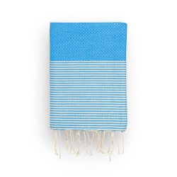 COOL-FOUTA Honeycomb Marina Blue solid color with raw cotton stripes - Hammam Towel Fouta 2x1m.