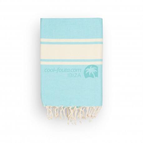 COOL-FOUTA CLASSIC plain weaving Island Paradise Blue with raw stripes - Fouta Hammam Towel 2x1m.