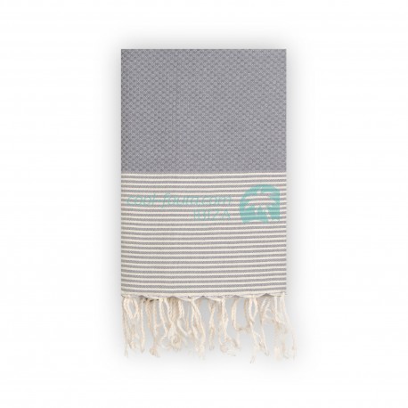 COOL-FOUTA Stormy Gray Honeycomb solid color with Raw cotton stripes - Hammam Towel Fouta 2x1m.