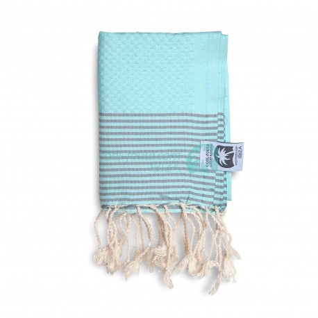 COOL-FOUTA MINI Toalla Sal de Ibiza Tiffany con rayas Gris Neutro Hammam Fouta en panal de abeja tamaño 70x50cm.