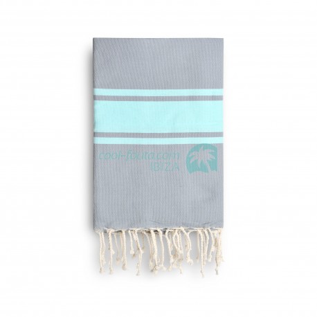 COOL-FOUTA CLASSIC Gris Neutro con bandas Tiffany's Sal de Ibiza clásicas - Toalla de Hammam Fouta Tejido liso 2x1m.