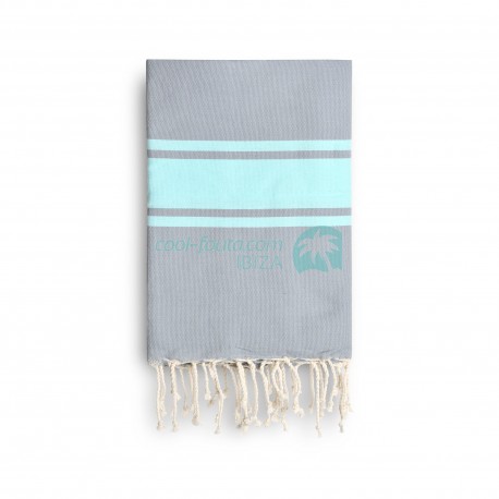 COOL-FOUTA CLASSIC Neutral Gray with Tiffany's Blue Salt of Ibiza stripes -  plain weaving Hammam Towel 2x1m.