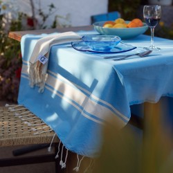 COOL-FOUTA CLASSIC Sky Blue with Raw Cotton stripes -  plain weaving Hammam Towel 2x1m.