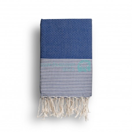 COOL-FOUTA Classic Blue solid color with Raw cotton stripes - Honeycomb Hammam Towel Fouta 2x1m.