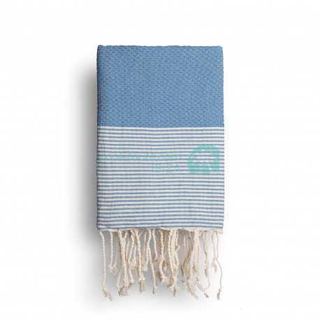 COOL-FOUTA Classic Blue solid color with Raw cotton stripes - Honeycomb Hammam Towel Fouta 2x1m.
