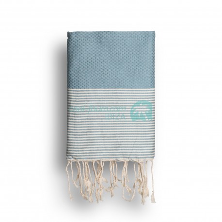 COOL-FOUTA Faded Denim Blue solid color with Raw cotton stripes - Honeycomb Hammam Towel Fouta 2x1m.