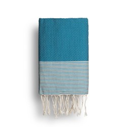 COOL-FOUTA Azul Mosaico con rayas color algodón crudo - Toalla de Hammam Fouta en tejido Panal de abeja 2x1m.