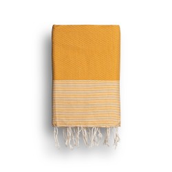 COOL-FOUTA Amarillo Azafrán con rayas color algodón crudo - Toalla de Hammam Fouta en tejido Panal de abeja 2x1m.