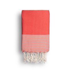 COOL-FOUTA Warm Coral Honeycomb solid color with Raw cotton stripes - Hammam Towel Fouta 2x1m.