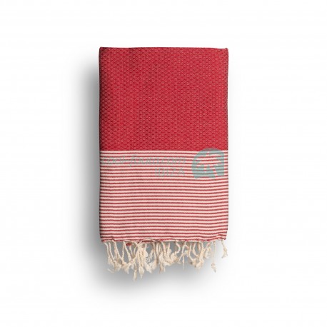 COOL-FOUTA Rojo Escarlata con rayas color algodón crudo - Toalla de Hammam Fouta en tejido Panal de abeja 2x1m.