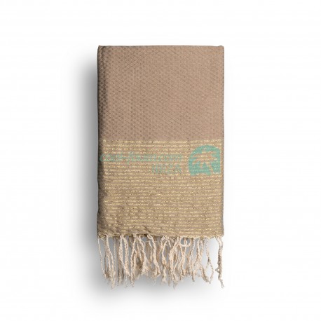 COOL-FOUTA Beige Arena Cubana con rayas color Lurex Dorado - Toalla de Hammam Fouta en tejido Panal de abeja 2x1m.