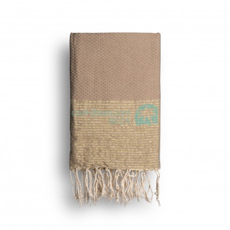 COOL-FOUTA Cuban Sand Beige solid color with Golden Lurex stripes - Honeycomb Hammam Towel Fouta 2x1m.