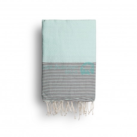 COOL-FOUTA Aqua Blue solid color with Gray Black stripes - Honeycomb Hammam Towel Fouta 2x1m.