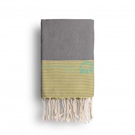COOL-FOUTA Ultimate Gray solid color with Illuminating Yellow stripes - Honeycomb Hammam Towel Fouta 2x1m.